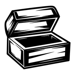 Monochrome illustration of an open treasure chest revealing darkness within the box