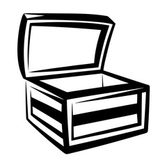 Stylized monochrome illustration of an open wooden treasure chest or box