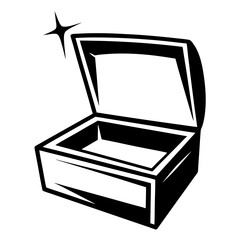 Open treasure chest or trinket box with sparkling contents in black and white