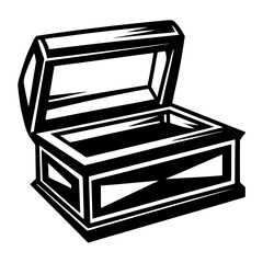 Stylized open treasure chest illustration in black and white vector style