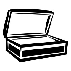 A stylized open box illustration in black and white coloring artwork