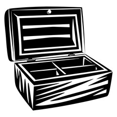 Monochrome Illustration of Open Wooden Box with Interior Dividers and Lid