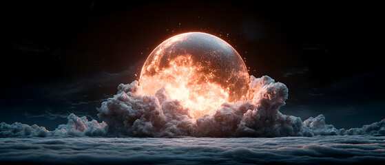 A dramatic cosmic event unfolds. A fiery orb emerges from billowing clouds against a dark sky. Perfect for fantasy themed art and game backgrounds.