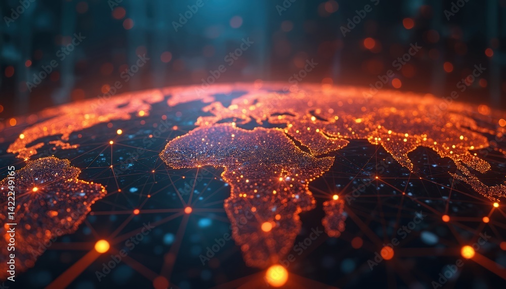Poster tech earth globalization networking illustration. orange line lights transmit data. transfer speed d