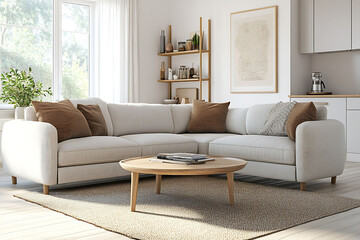 Fototapeta premium A bright living room with a white sectional sofa and a round wooden coffee table on a woven rug area