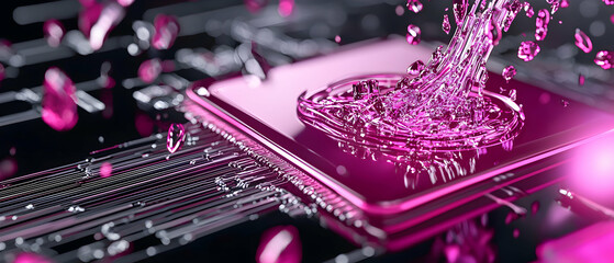 Obraz premium Abstract image of a liquid-like substance flowing onto a pink surface. Suggests technology or data visualization. Use it for website backgrounds or posters.