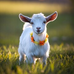 Obraz premium Curious Baby Goat in a Sunlit Meadow with Flower Garland