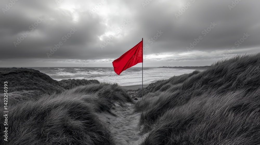 Leinwandbilder Red flag is flying in the wind on a beach. The flag is on a pole and is in the foreground. The beach is empty and the sky is cloudy. The flag is the only thing in the scene