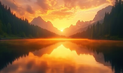 Stunning sunset over tranquil lake surrounded by mountains and forests