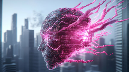 A futuristic cyborg head merges with a cityscape. It suggests technological advancements and human augmentation. Consider using it for science fiction themes or AI applications.