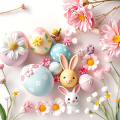 Obraz premium easter bunny with easter eggs, nice white background and flowers