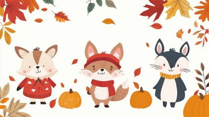 Obraz premium Cute autumn animals with pumpkins