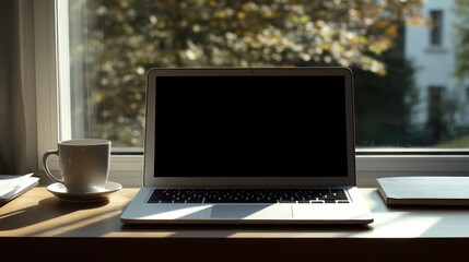 Laptop on windowsill, coffee, autumn view