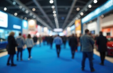 Blurred indoor exhibition hall filled with visitors. People explore pavilions featuring cars home appliances tech gadgets food items on blue carpeted show floor. Trade fair atmosphere