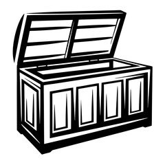 Open treasure chest or storage box in black and white illustration