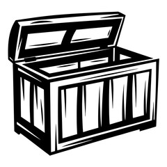 Stylized chest, wooden treasure box, open, black and white illustration