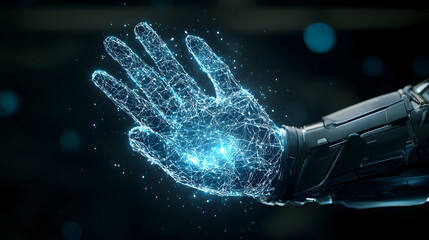 A futuristic image shows a robotic hand glowing with a digital network. Ideal for technology innovation website background or concept art. Digital transformation awaits!