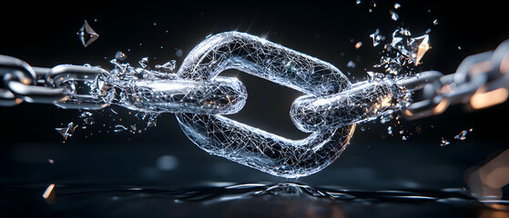 A digital artwork depicts a chain breaking signifying liberation or technological disruption. It's suitable for illustrating innovation breaking barriers or security flaws.