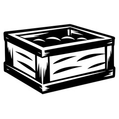 Monochrome illustration of an old wooden box with contents, detailed and angled