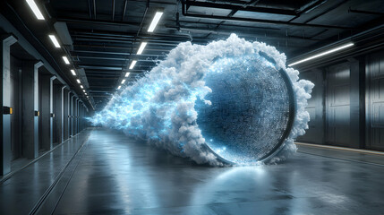 An industrial hallway with a glowing portal emitting energy. It suggests data transfer or scientific exploration. Suitable for tech articles and sci-fi visuals.