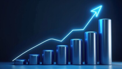 Rising graph with arrow shows business growth. Blue neon glowing up arrow chart, success concept. Upward trend, progress. Finance analytics, market analysis, profit. Investment, stock market,