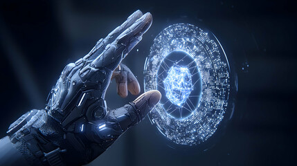 A futuristic hand interacts with a glowing digital sphere suggesting technology or data manipulation. Use for science fiction or tech-related presentations or visuals.