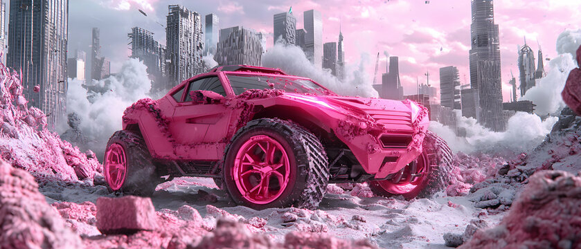 A pink post-apocalyptic car rests amidst ruins. This image could be used as a cool video game environment or a movie poster.