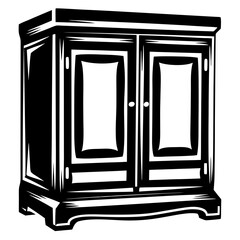 Ornate wooden cabinet with two doors and decorative black and white design