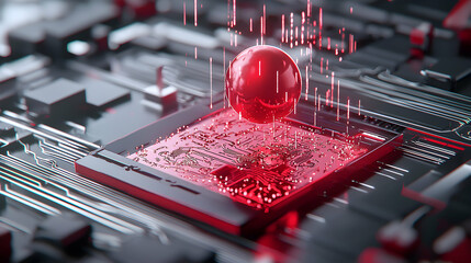 A futuristic circuit board with a red sphere conveying digital technology and data transfer. Ideal for visualizing technology or data processing concepts.
