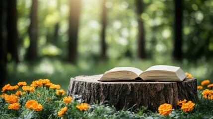 The image showcases an open book elegantly positioned on a rustic tree stump with bright orange marigold flowers, set in a lush green forest filled with dappled sunlight.
