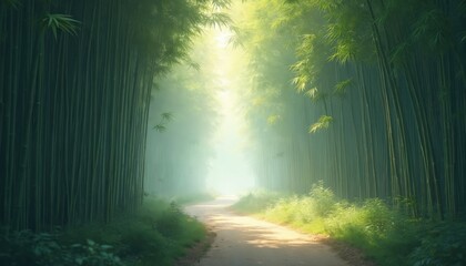 Obraz premium Sunlit misty bamboo forest path creates serene Asian landscape. Tranquil scene promotes meditation practice. Green trees, sunlight, fog creates mystical mood for travel, zen or spa promo.