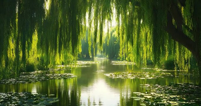 Weeping willow pond sunlight