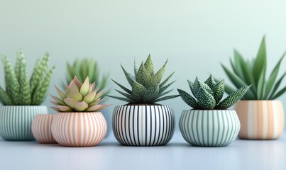 Fototapeta premium Decorative succulent plants in striped pots for modern home decor