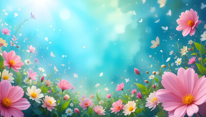 Pink cosmos flower field with butterflies