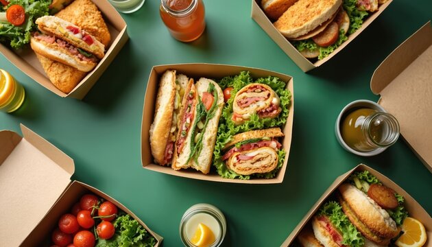 Assortment of lunchbox meals arranged on green background. Variety of healthy food options includes sandwiches salad fruit. Catering takeaway options, eco friendly box packaging.