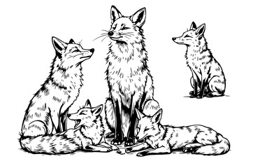 a group of fox illustration  vector doodle engraving illustration