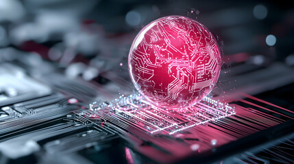 A futuristic digital world visualized through a glowing circuit sphere. Useful for tech presentations and data science designs. Perfect for articles about innovation.
