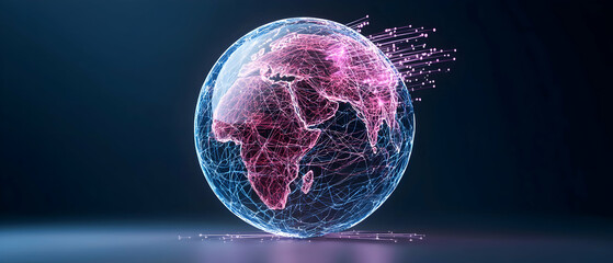This image shows a glowing globe overlaid with network lines representing global interconnectedness. Suggests digital communication data flow or global technology infrastructure.