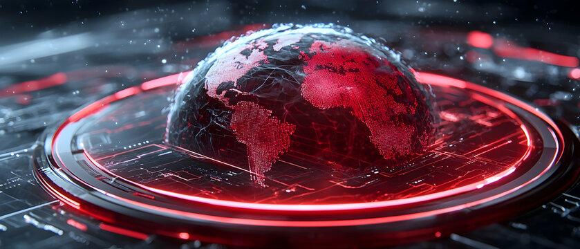 A futuristic global network concept with a red glowing Earth and data streams. Suitable for technology news data visualizations and digital security presentations.