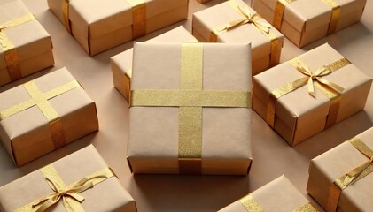 Subtle gold foil gift boxes on kraft paper, repeating pattern, kraft, surface