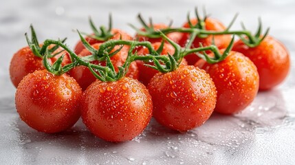 Fresh red cherry tomatoes on the vine with water droplets on a marble surface.