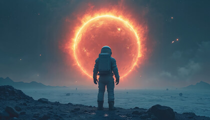 Obraz premium Astronaut in space suit stands front of giant planet. Cosmic scenery, astronaut explores cosmos, future tech in the face of a huge sun. Universe exploration, future science, galaxy travel concept art.