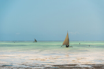 Obraz premium Traditional dhow boats sailing in turquoise water, zanzibar, tanzania