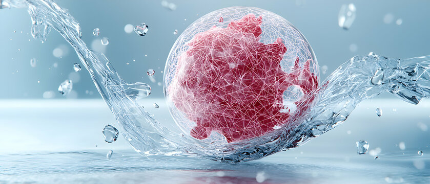 Image depicting a cell structure surrounded by flowing water conveying purification and cleansing. Suggests potential application in promoting skin hydration or illustrating cellular repair.