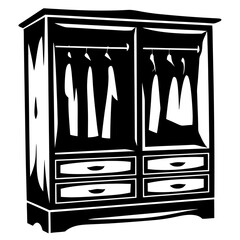 Monochrome wardrobe illustration depicting hanging clothes and drawers for storage solutions