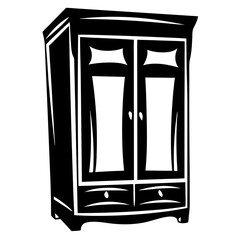 Black and white vector drawing of an ornate wardrobe cabinet with doors