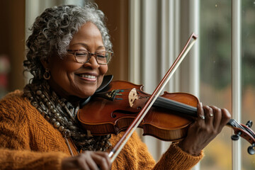 Woman playing violin in dimly lit concert hall, captured mid-performance with intense focus and passion evident in her expression and graceful hand movements.