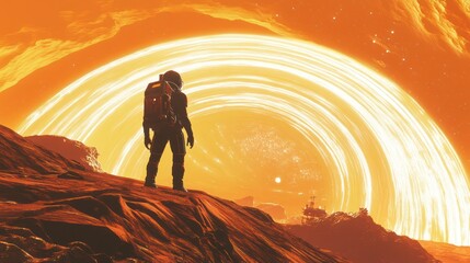 Astronaut observing a celestial phenomenon on a distant alien planet