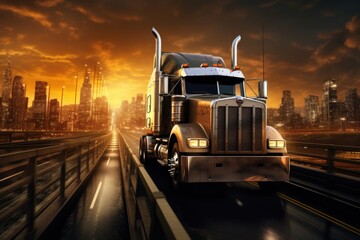Semi truck driving on bridge at dusk