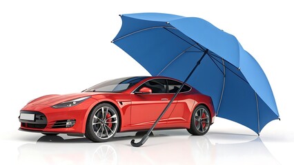 Car Protection: A vibrant red car shielded by a large blue umbrella, symbolizing security and safeguarding against unforeseen circumstances.